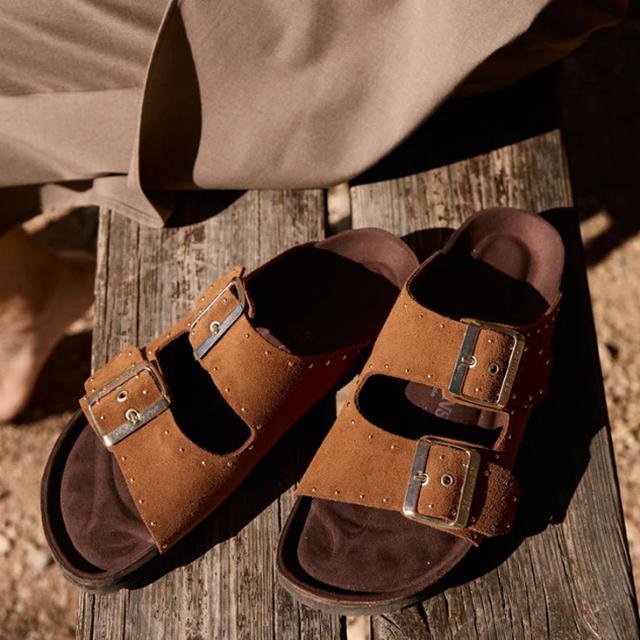 ・GENUINS｜W Honolulu Lead Almond Velour Double Buckle Slide Sandal/ ジェヌインズ/ホノルル リード アーモンド ベロア ダブル バックル スライド サンダル/マンドルラブラウン #_3