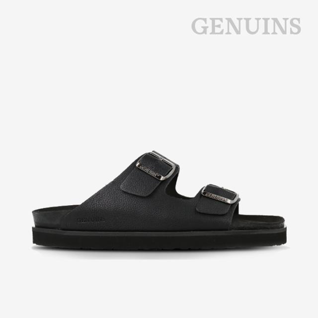 ・GENUINS｜W Hawaii Double-Buckle Slide Vegan Leather/ ジェヌインズ/ハワイ ダブルバックル スライド サンダル ヴィーガン レザー/ブラック #