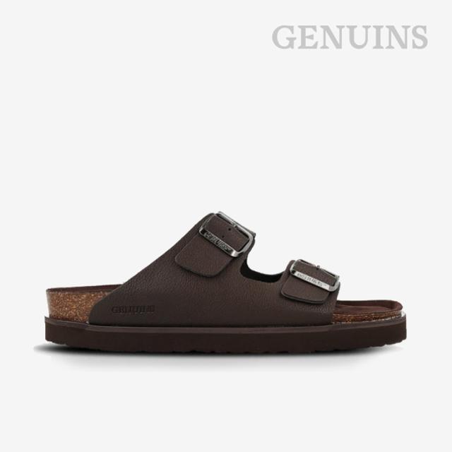 ・GENUINS｜W Hawaii Double-Buckle Slide Vegan Leather/ ジェヌインズ/ハワイ ダブルバックル スライド サンダル ヴィーガン レザー/ブラウン #