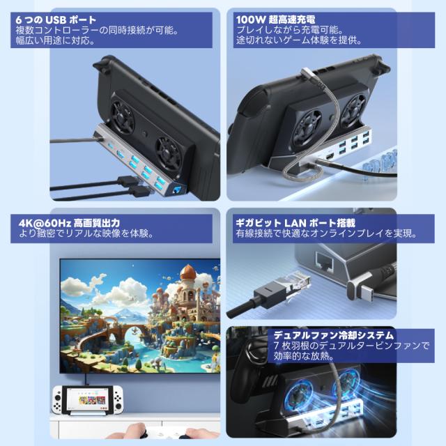 9in1 ドッキングステーション デュアルファン 冷却 HDMI 4K@60Hz TVモード Type-C PD3.0 100W 高速充電 USB×6 RJ45 Steam Deck対応