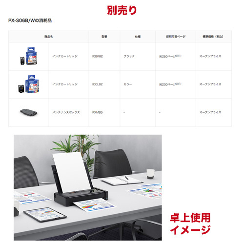 【当店オリジナルセット】エプソン A4モバイルプリンター PX-S06B 新品 + 予備インク ICBK82 + ICCL82 純正インク（テレワーク応援、スターターセット）