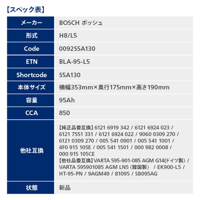 ドイツ製ボッシュ AGMバッテリー 規格:L5 95A 850CCA サイズ:W353mm D175mm H190mm 欧州車用 高性能 BOSCH AGM バッテリー スタート＆ストップ S5 A13 アイドリングストップ 車 カーバッテリー VARTA LN5 BOSCH BLA-95-L5 互換 0092S5A130_18