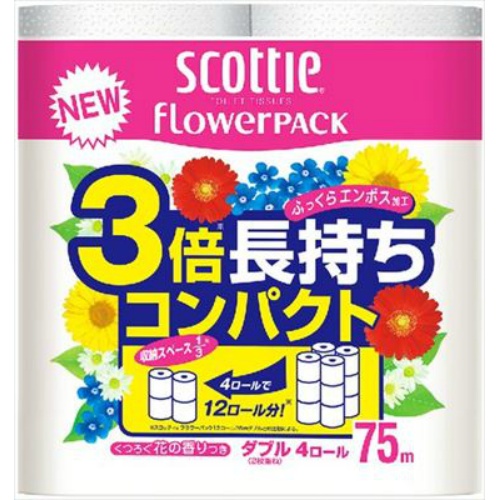 スコッティフラワーパック 3倍長持ち トイレットペーパー 75mダブル × 12個 3倍巻 ちり紙 トイレ用品 消耗品 クレシア ティッシュ ティシュー 日本製 紙 クレシア