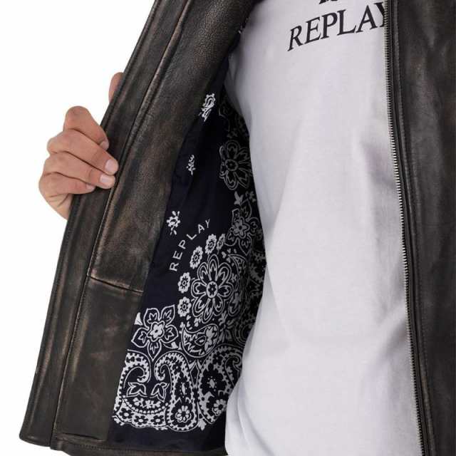 （リプレイ/REPLAY）LEATHER BIKER JACKET WITH SPRAY PRINT レザージャケット 山羊革