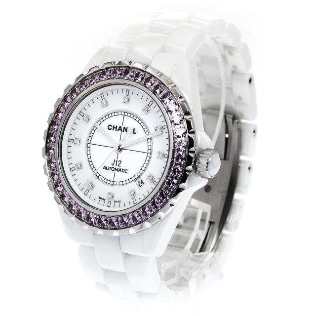 シャネル CHANEL H2011 J12 ピンクサファイアベゼル 白セラミック 12Pダイヤ 自動巻き メンズ 良品 保証書付き_891542 シャネル CHANEL H2011 J12 ピンクサファイアベゼル 白セラミック 12P