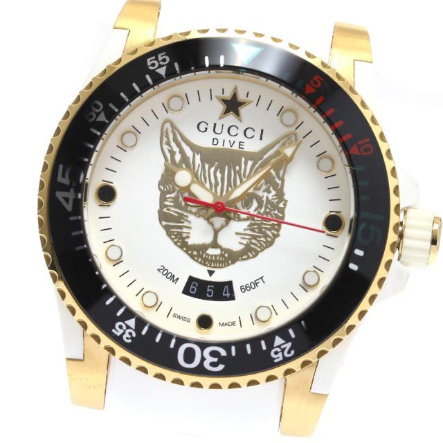 グッチ GUCCI 136.3/YA136322 ダイブ デイト ミスティックキャット クォーツ メンズ 良品 内箱付き_913920