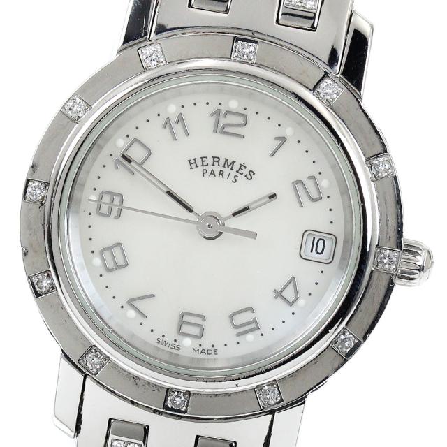 エルメス HERMES CL4.230 クリッパー ナクレ ベゼル 12Pダイヤ クォーツ レディース 保証書付き_917128