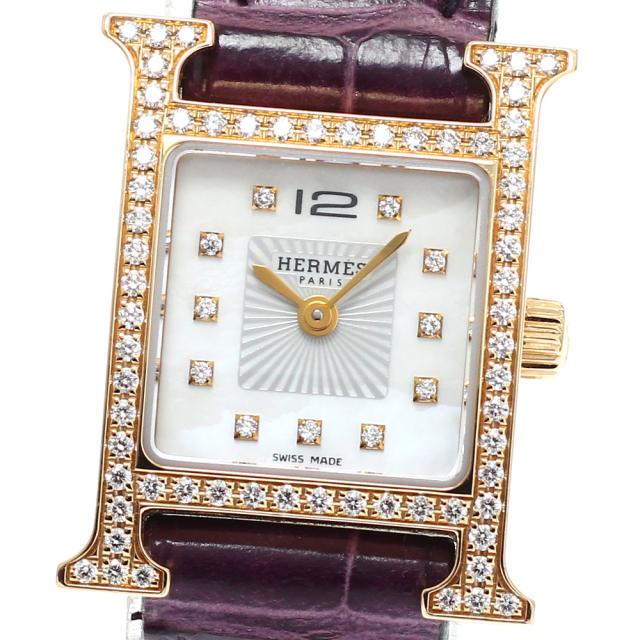エルメス HERMES HH1.171b Hウォッチ ミニ K18PG 11P ダイヤベゼル クォーツ レディース 良品 内箱付き_930879
