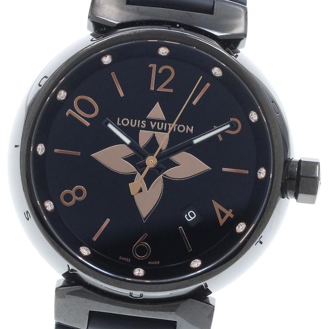 ルイ・ヴィトン LOUIS VUITTON QA049 タンブール オールブラック GM 12Pダイヤ デイト クォーツ メンズ 良品 _942582