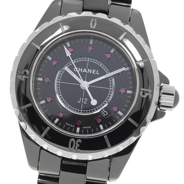 シャネル CHANEL H1634 J12 ブラックセラミック 12Pルビー クォーツ レディース _959378