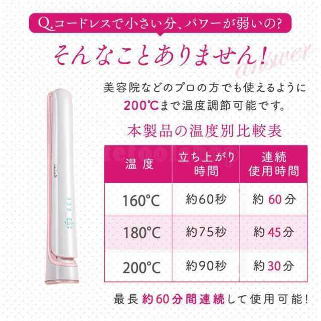 ヘアアイロン ストレート ミニ コードレス 大容量5000mAh 軽量250g 充電式 USB カール 3段階温度調節 髪ケア 内巻き 外巻 ツヤ レア髪 携帯用 高級 おしゃれ