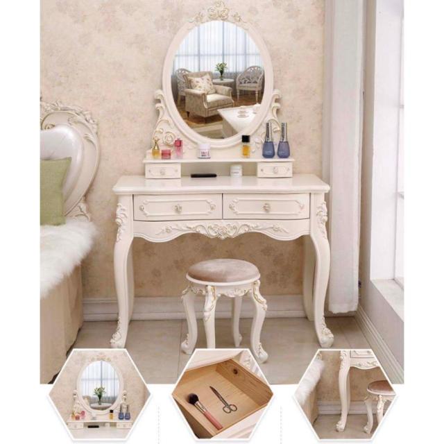 ドレッサー おしゃれ アンティーク風 自社製品 北欧風 鏡台 綺麗 お姫系 コスメ台 化粧台 ロココ調 テーブル スツール LEDライト 棚 寝室 大容量 収納 セット_5