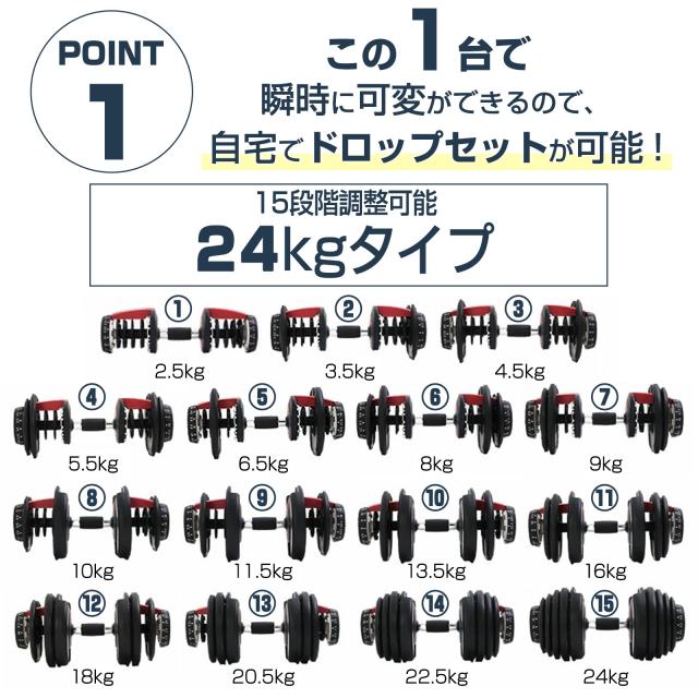 ダンベル 可変式 可変式ダンベル 20kg 24kg 多機能 15段階調節 アジャスタブルダンベル 鉄アレイ 筋トレ トレーニング ２年保証_3