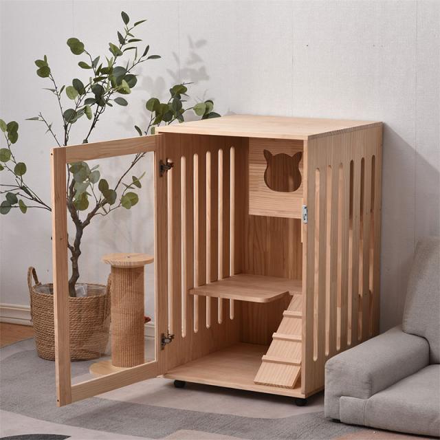 猫 ケージ キャットケージ 2段 木製フレーム キャットタワー 木製 2段