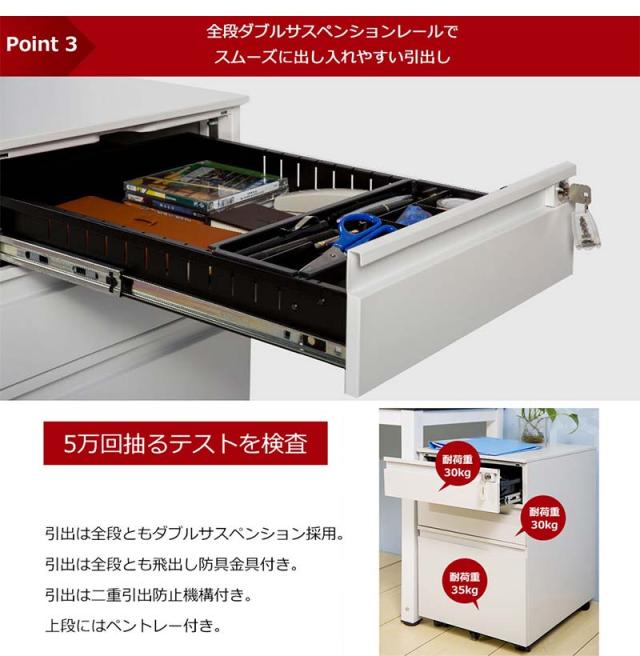 デスクワゴン 完成品 サイドワゴンオフィスワゴン 大容量 3段 組立て不要 キャスター付き 鍵付き ホワイト ブラック サイドデスク ワゴン A4 ファイル デスクキャビネット 収納 脇机 事務机_3