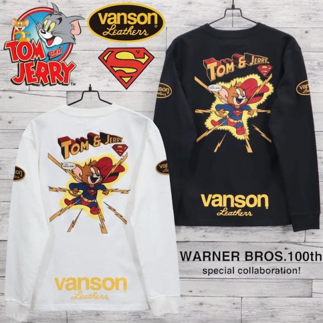 【送料無料】新品 メンズ トムとジェリー VANSON バンソン スーパーマン ワーナー コラボ 長袖 Tシャツ ロンT ティーシャツ 刺繍 プリント レディース ユニセックス キャラクター グッズ Tom＆jerry トムジェリ 白 オフホワイト 黒 ブラック