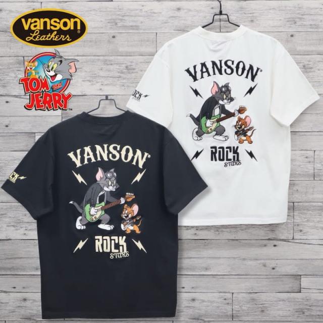 【送料無料】メンズ トムとジェリー VANSON バンソン コラボ 半袖 Tシャツ 半袖Tシャツ ティーシャツ バック 刺繍 胸刺繍 ストレッチ 伸縮 TOM＆JERRY トムジェリ ギター レディース ユニセックス 白 ホワイト 黒 ブラック