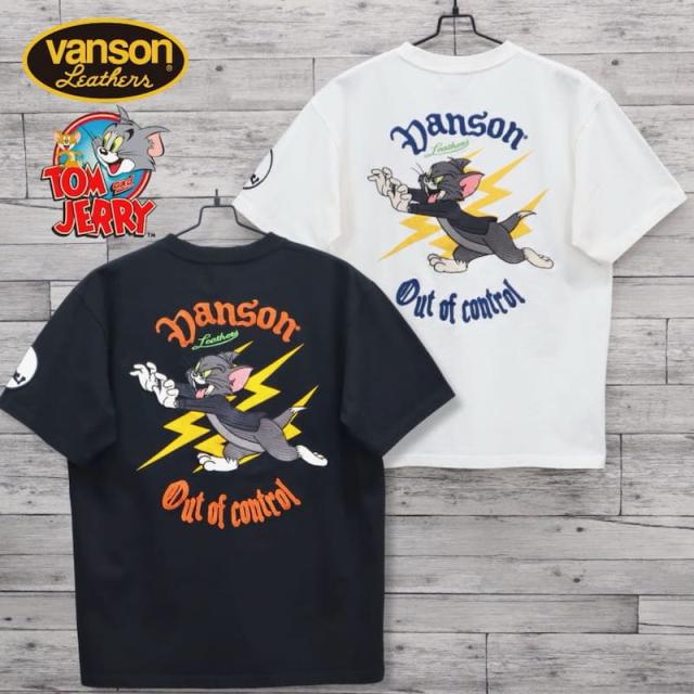 【送料無料】メンズ トムとジェリー VANSON バンソン コラボ 半袖 Tシャツ 半袖Tシャツ ティーシャツ バック 刺繍 胸刺繍 TOM＆JERRY トムジェリ 追いかけっこ 雷 カミナリ 稲妻 レディース ユニセックス 白 ホワイト 黒 ブラック