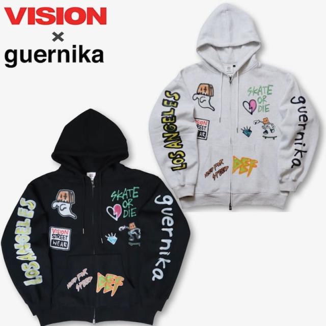 【送料無料】メンズ vision street wear ヴィジョンストリートウェア guernika ゲルニカ コラボ パーカー フーディー スウェット ジップアップ アノニマウス キャラクター イラスト プリント オーバーサイズ 裏起毛 ユニセックス レディース ライトグレー 黒 ブラック