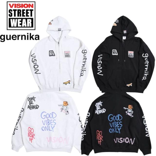 【送料無料】メンズ vision street wear ヴィジョン guernika ゲルニカ コラボ パーカー フーディー スウェット ジップアップ フルジップ 長袖 アノニマウス 総柄 イラスト プリント オーバーサイズ 裏起毛 ユニセックス レディース ライトグレー 黒 ブラック