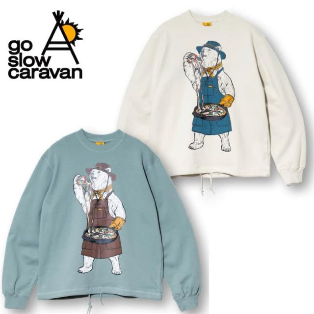 【送料無料】ゴースローキャラバン goslowcaravan 長袖 裏毛 スウェット トレーナー プルオーバー ピザ クマ 熊 くま キャンパークマ キャンプクマ ユニセックス メンズ レディース アイボリー グリーン ミント