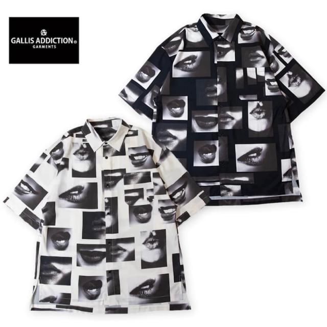 【送料無料】メンズ GALLIS ADDICTION ガリス アディクション 半袖 シャツ 半袖シャツ リップ柄 唇 フォト 総柄 ワイドシルエット ユニセックス レディース モノクロ モノトーン 白 ホワイト 黒 ブラック
