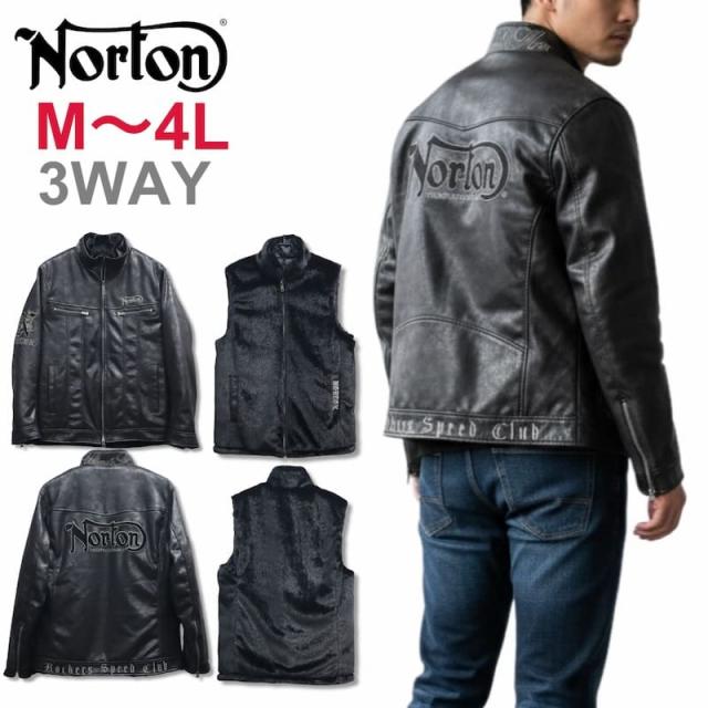 【送料無料】メンズ Norton ノートン 服 ライダース ジャケット アウター 合皮 合成皮革 フェイクレザー エコレザー PU ライナー ファー ベスト 3WAY マルチウェイ ロゴ 刺繍?黒ブラック 大きいサイズ M L XL 3L 4L