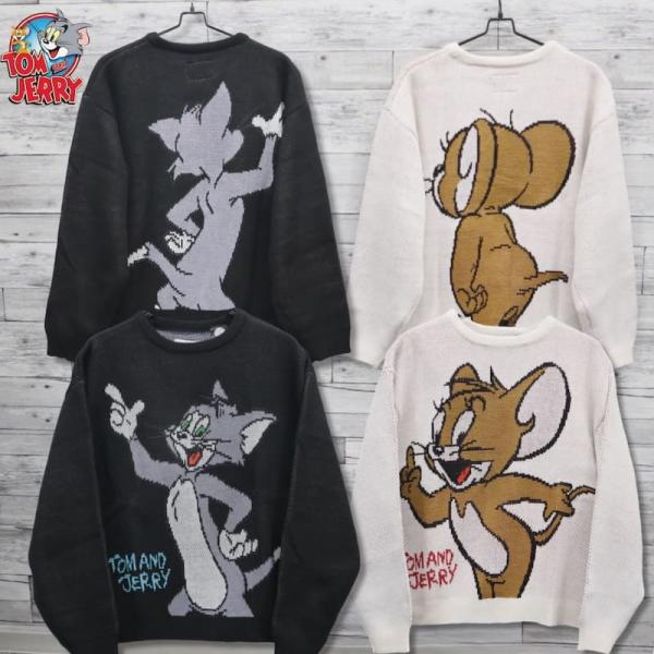 送料無料 トムとジェリー TOM&JERRY ニット セーター トムジェリ トム ジェリー キャラクター グッズ メンズ レディース アイボリー 黒 ブラック