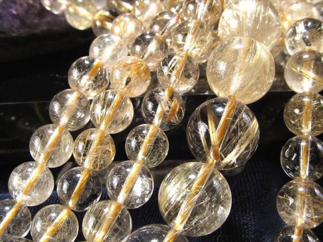 超透明 約10mm珠 ゴールドルチルクォーツ 一連 約39-41cm きらきら繊細
