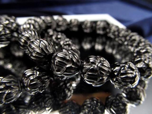 黒水晶 蓮彫刻 ブレスレット 9mm-9.5mm×20珠前後 天然チベット ロータスモチーフ 極楽浄土に咲く花 チベット産