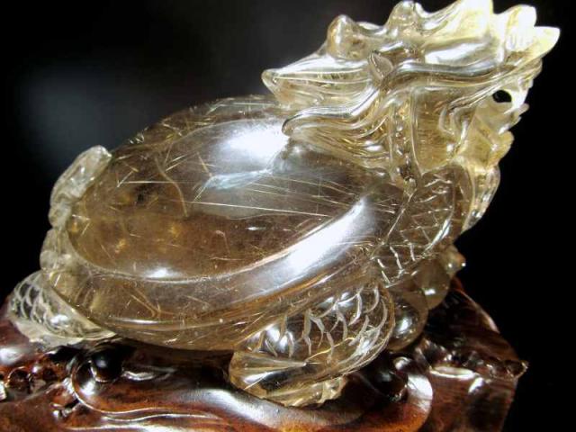 スモーキールチルクォーツ龍亀 店頭展示中 超透明 ほんのりスモーキー ゴールドルチルクォーツ 龍亀