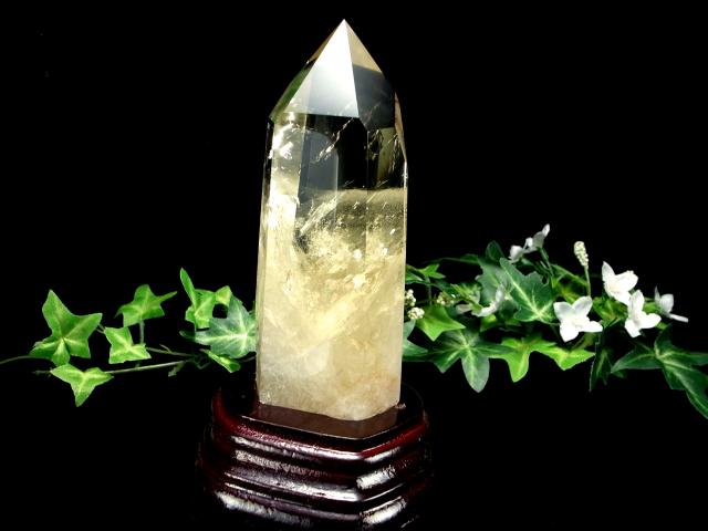 虹・エンジェルラダー入り 4A シトリン ポイント 六角柱 台座付 高さ約