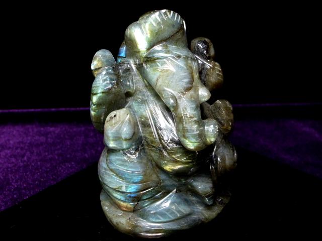 レインボーシラー ラブラドライト ガネーシャ 彫刻置物 重さ373g 繊細