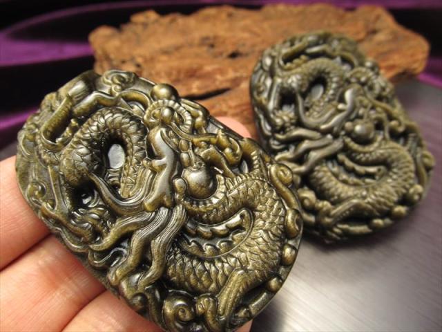ゴールデンシャインオブシディアン（黒曜石） 龍彫り カービング 