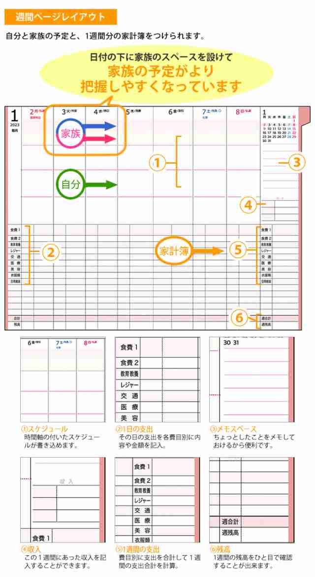 手帳 2023 年 家族+家計簿付き手帳 限定生産 B6 クツワ 12月始まり 月曜始まり ウィークリー マンスリー スケジュール帳 大人かわいい  おの通販はau PAY マーケット - 雑貨ショップドットコム