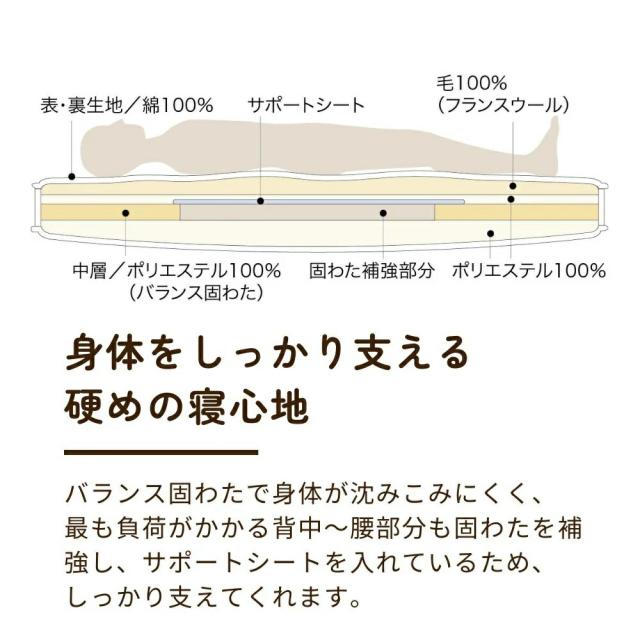 ロマンス小杉 羊毛 敷布団 3層式シングル 適度な硬さ 日本製 マチ付き 三層式 4913-6500 シングルロング 100×210cm 厚さ8cm 合繊 羊毛 敷ふとん 国産 ベージュサポートシート入り オーガニックウール使用 49136500 化炭加工 エコサート認証 our style_3