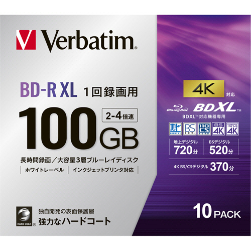 Ｖｅｒｂａｔｉｍ 録画用BD-R XL 520分 2-4倍速 ホワイトワイドプリンタブル 5mmスリムケース 1パック(10枚)(4991348082444 x1) 取り寄せ商品