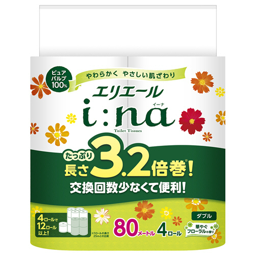大王製紙 エリエールi:na トイレットティシュー 3.2倍巻 ダブル芯有 80m 1セット(64ロール:4ロール×16パック)(4902011825923 x16) 取り寄せ商品