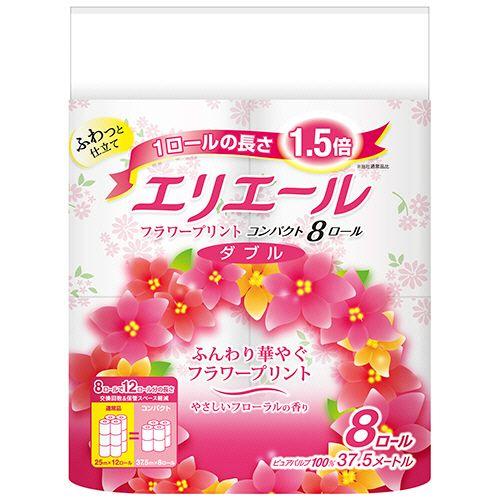 大王製紙 トイレットティシューフラワープリントコンパクトW芯有 37.5m香り付 1セット(96ロール:8ロール×12パック)(4902011122954 x12) 取り寄せ商品