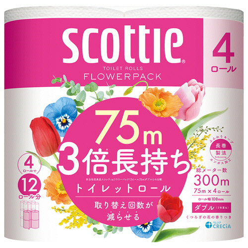 日本製紙クレシア スコッティ フラワーパック 3倍長持ち W 芯有 75m 香付 1セット(48ロール:4ロール×12パック)(4901750227302 x12) 取り寄せ商品