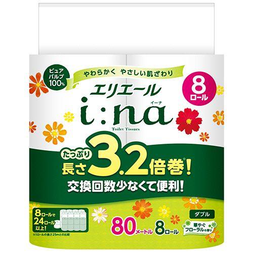 大王製紙 i:naトイレットティシュー3.2倍巻 W 芯有80m 華やぐフローラル 1セット(64ロール:8ロール×8パック)(4902011825947 x8) 取り寄せ商品