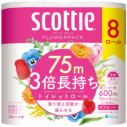 日本製紙クレシア スコッティフラワーパック3倍長持ちダブル 芯有 75m 香付 1セット(48ロール(4901750227470 x6) 取り寄せ商品
