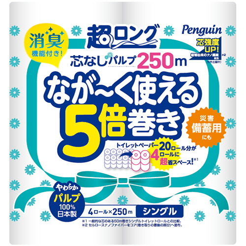 丸富製紙 トイレットペーパーペンギン 5倍巻パルプ シングル芯無 250m 1セット(32ロ(4902727011887 x8) 取り寄せ商品