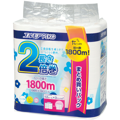 カミ商事 エルモア ピコ 2倍巻トイレットロール 花の香り シングル 100m 1セット(72(4971633163195 x4) 取り寄せ商品