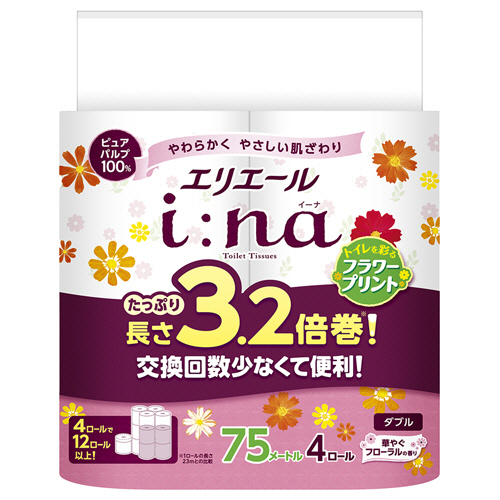 大王製紙 エリエールi:naトイレットティシュー3.2倍巻フラワーダブル芯有75m 1セット(64ロール:4ロール×16パック)(4902011825930 x16) 取り寄せ商品