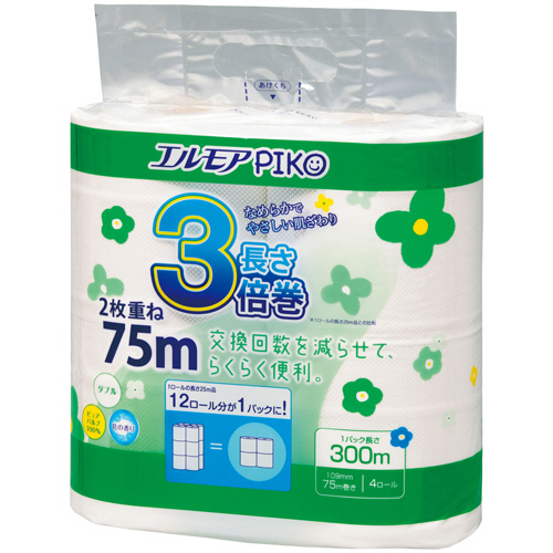 カミ商事 エルモア ピコ 3倍巻トイレットロール 花の香り ダブル 75m 1セット(48ロー(4971633163294 x12) 取り寄せ商品