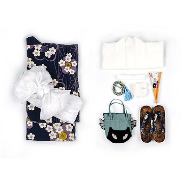 レディース浴衣 着物 綿100 仕立て上がりブルー 桜の柄 結び帯9点