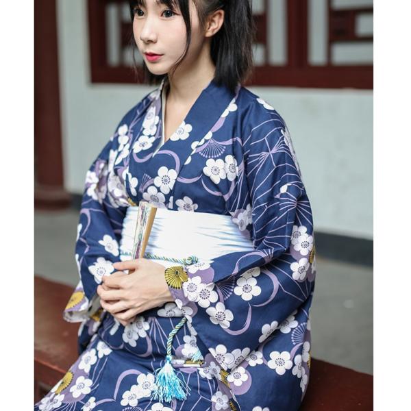 レディース浴衣 着物 綿100 仕立て上がりブルー 桜の柄 結び帯9点