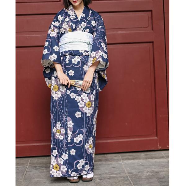 レディース浴衣 着物 綿100 仕立て上がりブルー 桜の柄 結び帯9点
