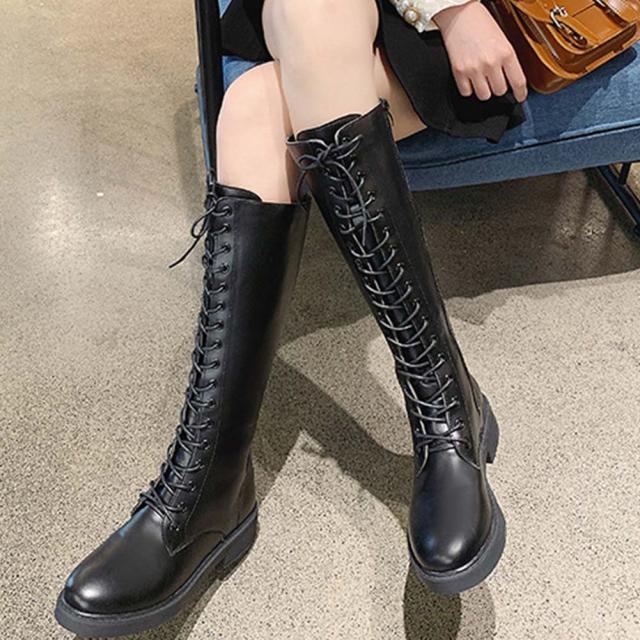 ロングブーツ レディース メンズ 美脚 太ヒール レースアップ 編み上げブーツ 長ブーツ 長靴 大きいサイズ 滑りにくい カジュアル_16